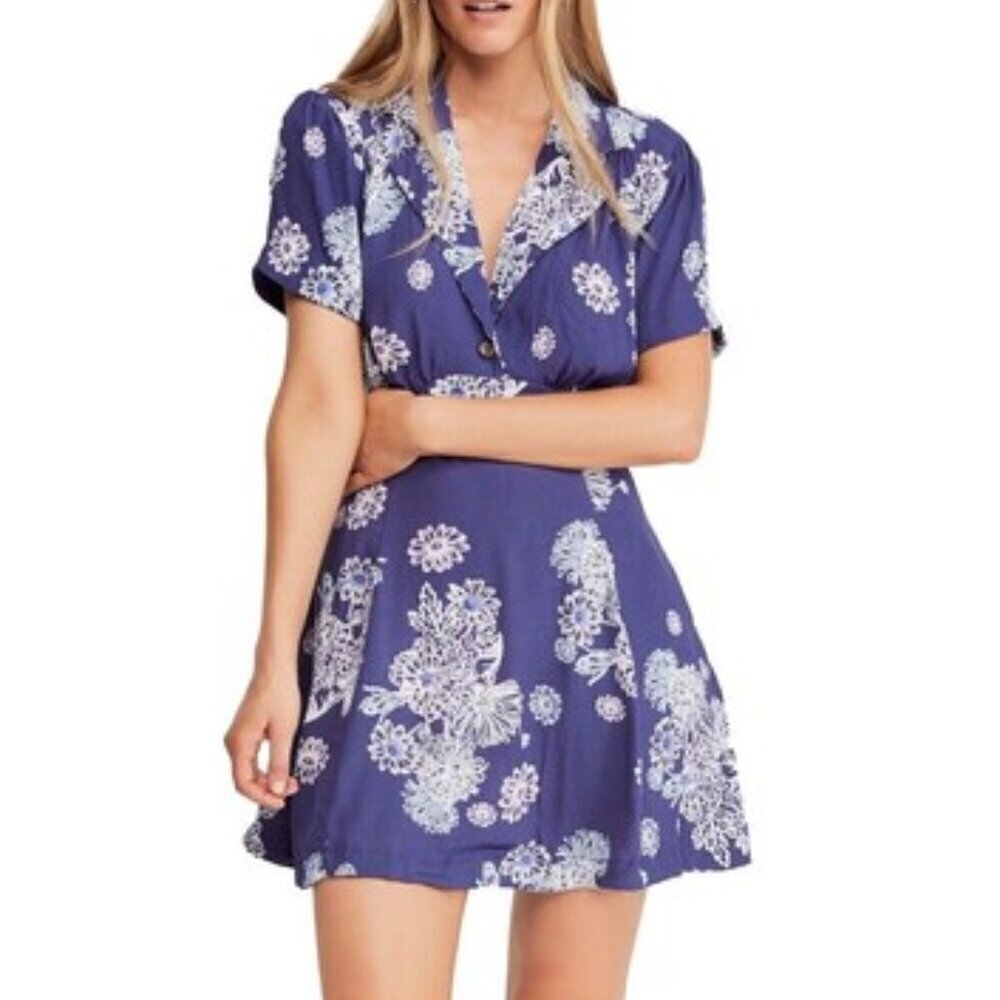Free People Blue Hawaii Fit & Flare Mini Dress Aloha V-Neck Pockets Size Small